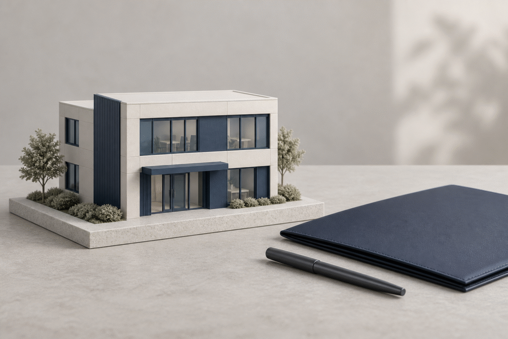Maqueta de un edificio de oficinas con documentación para la implantación empresarial.